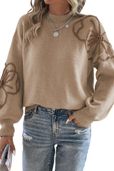 Khaki Floral Decor Lantern Sleeve Knit Sweater