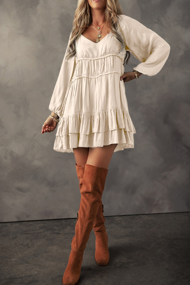 Apricot Puff Sleeve Loose Fit Tiered Ruffle Mini Dress