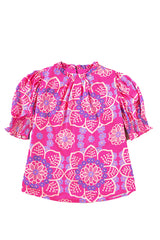 Rose Floral Print Frill Neck Smocked Cuffs Blouse