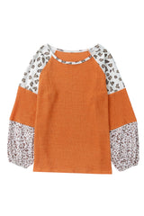 Orange Casual Waffle Leopard Patchwork Sleeve Knit Top