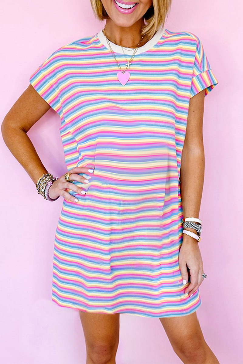 Yellow Striped Crew Neck Mini T Shirt Dress