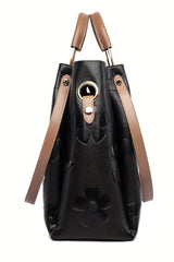Black Leather Vintage Embossed Shoulder Bag with Handle