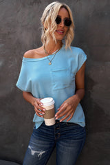 Light Blue Solid Color Short Sleeve Basic T Shirt with Patch Pocket