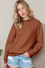 Beige Solid Color Textured Raglan Sleeve Pullover Sweatshirt