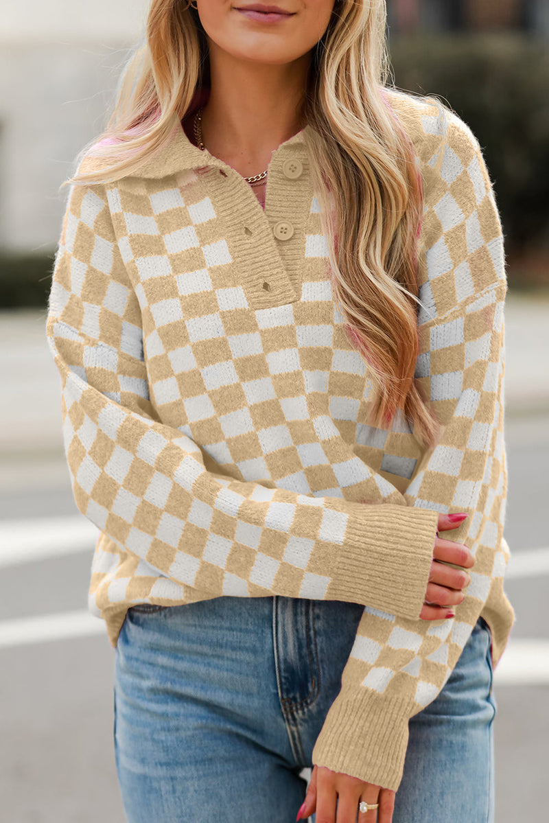 Pink Checkered Buttons Collar V Neck Drop Shoulder Sweater