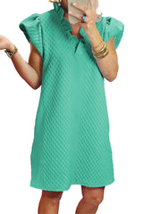 Sea Green Textured Puff Sleeve Ruffled V Neck Mini Dress