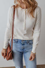 White Solid Color Waffle Long Sleeve Henley Top