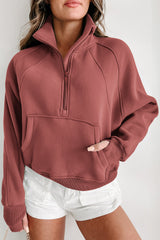 Brown Zip Up Stand Collar Thumbhole Sleeve Sweatshirt