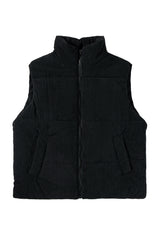 Black Solid Color Corduroy Puffer Vest Coat