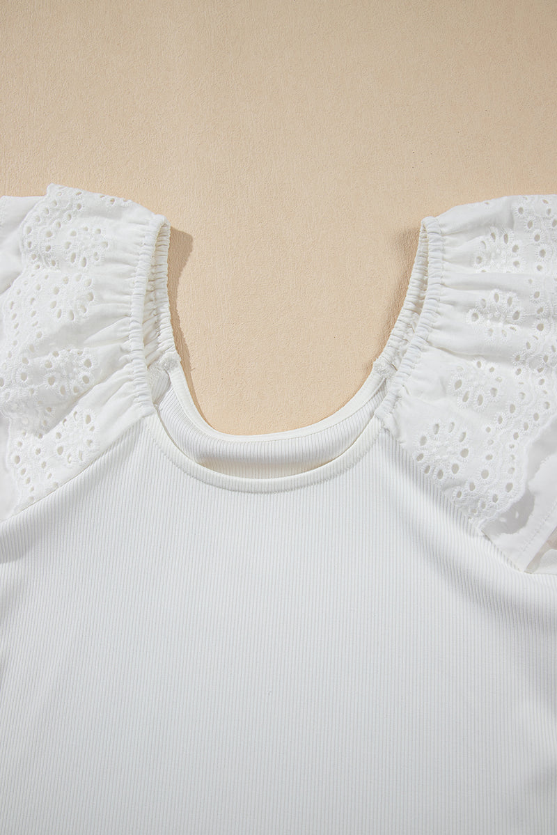 White Eyelet Ruffle Sleeve Slim Fit Top