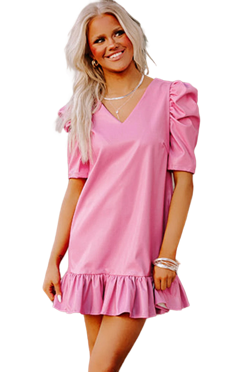 Sachet Pink Plain Bubble Sleeve V Neck Ruffle Hem Leather Mini Dress