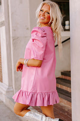 Sachet Pink Plain Bubble Sleeve V Neck Ruffle Hem Leather Mini Dress