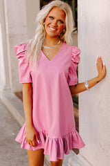 Sachet Pink Plain Bubble Sleeve V Neck Ruffle Hem Leather Mini Dress