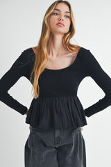 Black Plain Knitted Patchwork Peplum Top