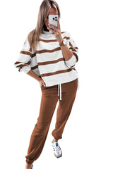 Brown Striped Drop Shoulder Pullover and Joggers Set