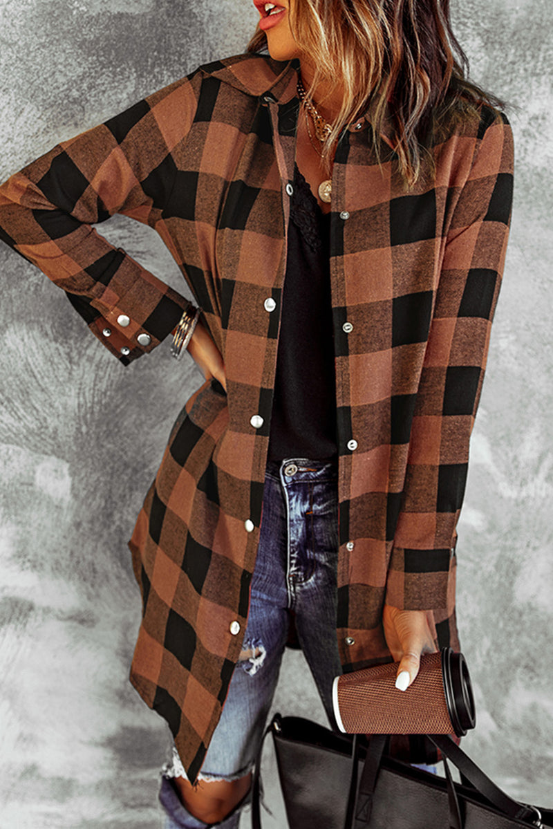 Brown & Black Plaid Collared Botton Down Long Shirt Shacket