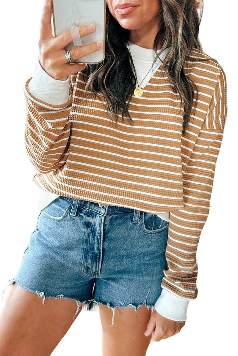 Khaki Striped Textured Round Neck Long Sleeve Top