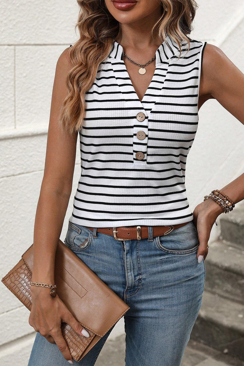 White Striped V Neck Buttoned Ribbed Tank Top