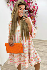 Orange Bohemian Split Neck Bracelet Sleeve Ruffle Mini Dress