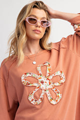 Grapefruit Orange Flower Exposed Seam Patchwork Loose Top