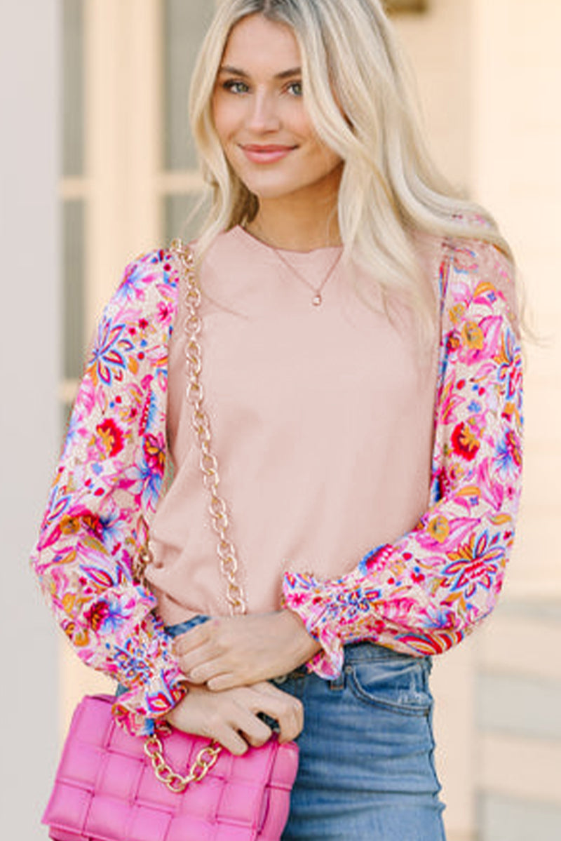 Oatmeal Floral Print Patchwork Smocked Lantern Sleeve Knit Top