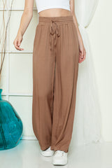 Brown Casual Drawstring Shirred Elastic Waist Wide Leg Pants