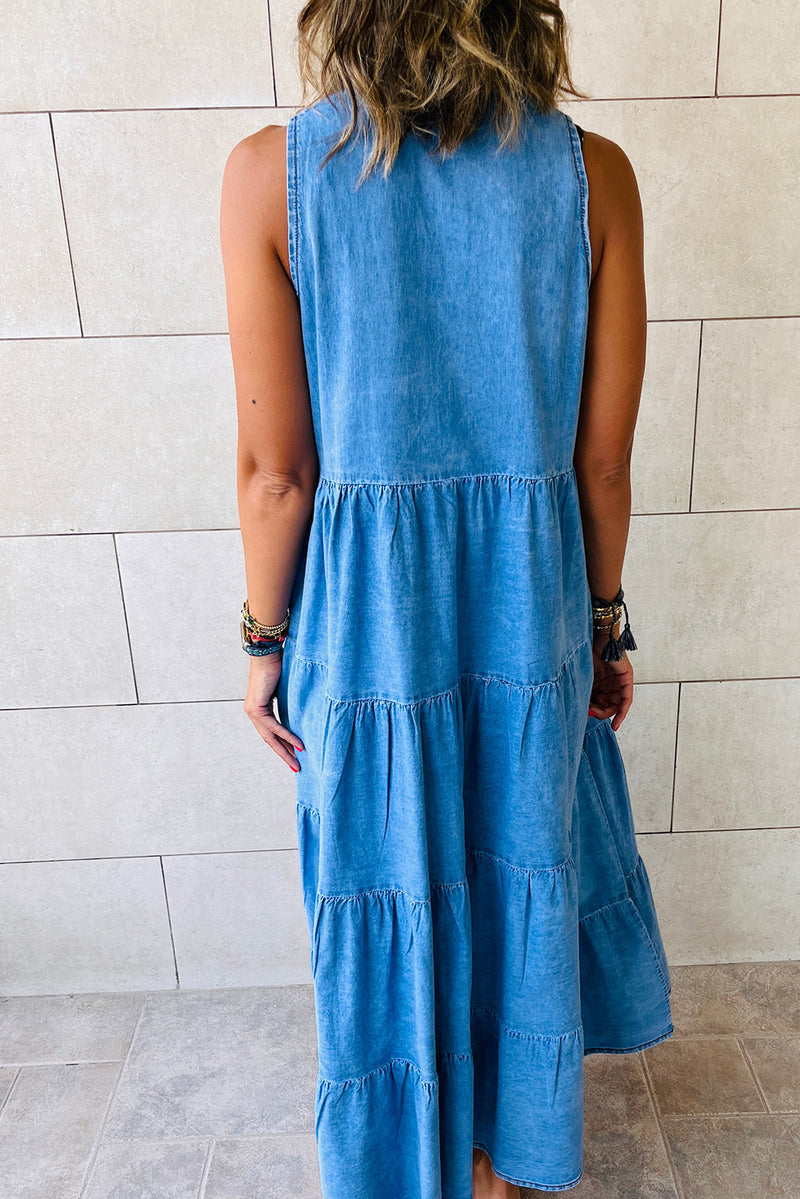 Blue Sleeveless Tiered Chambray Maxi Dress