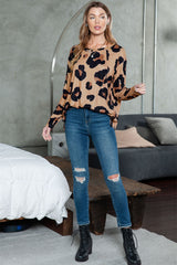 White Leopard Print Casual Loose Long Sleeve Top