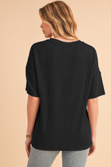 Black Ribbed V Neck Pocket Drop Sleeve T-Shirt