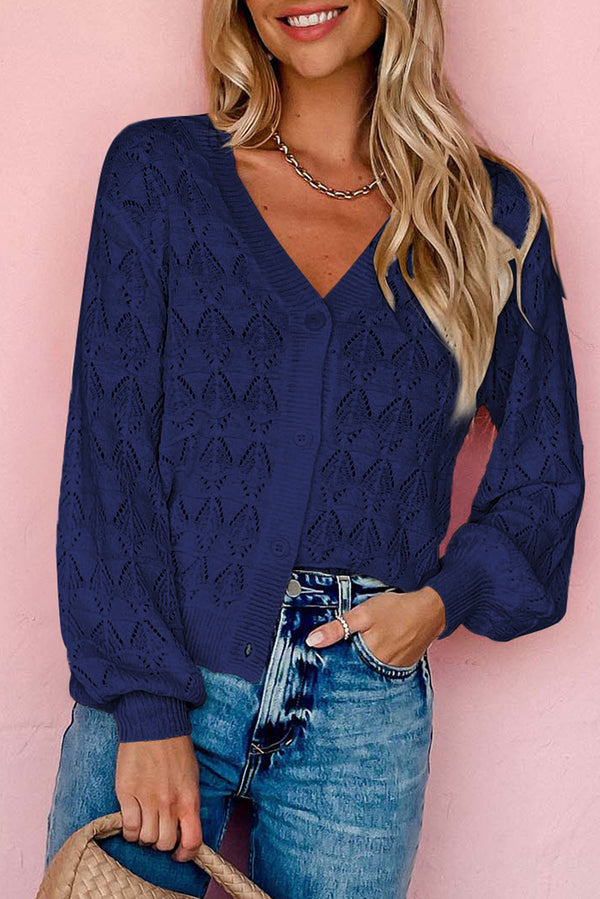 Blue Lightweight Buttoned Front Crochet Cardigan