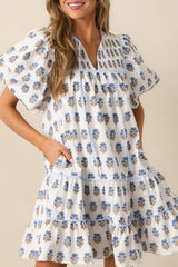 Sky Blue Floral Print Puff Sleeve Tiered Mini Dress