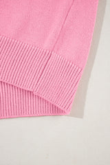 Rose Red Color Block Pearl Detail Half Sleeve Knit Top