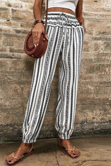 Black Stripe Geometric Print Drawstring Cuff Pants