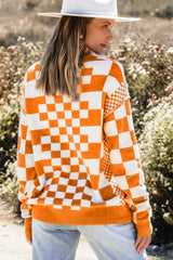 Carrot Checkered Drop Shoulder Round Neck Sweater