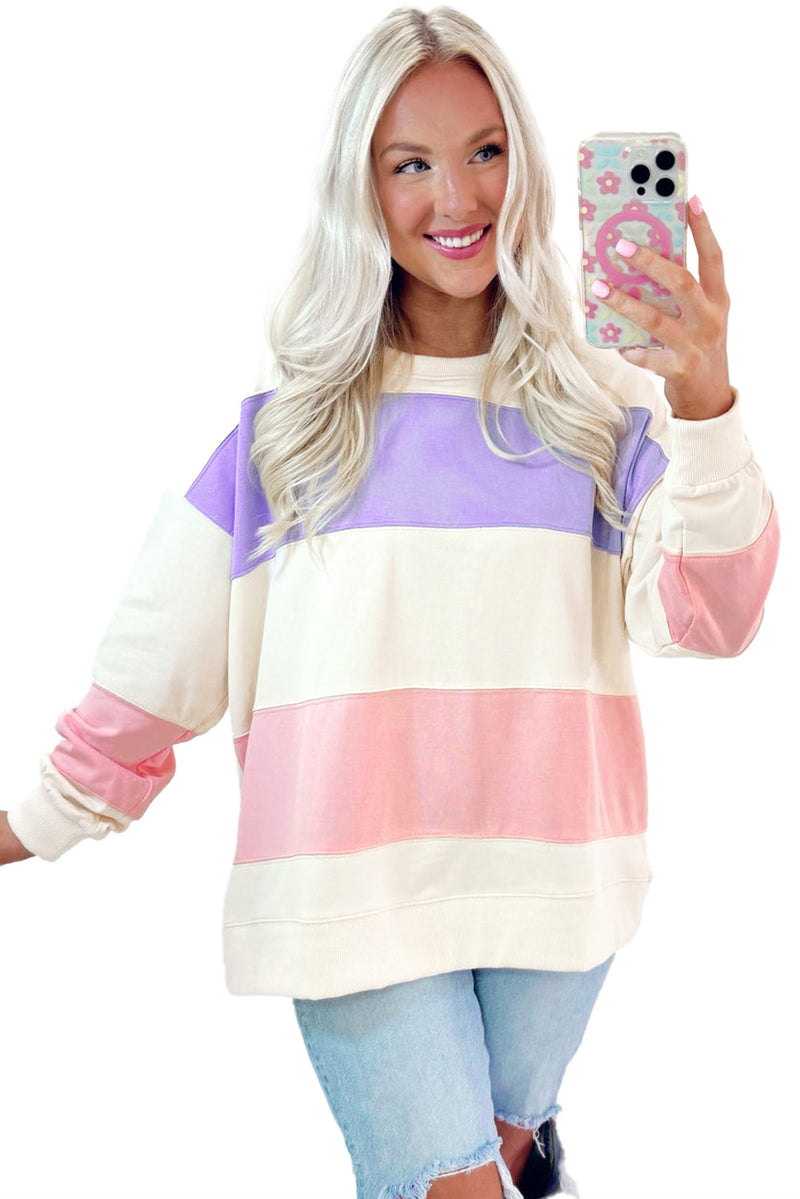 Beige Colorblock Patchwork Drop Shoulder Crewneck Sweatshirt