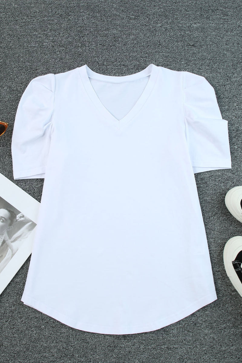 Green Solid Puff Sleeve Casual V Neck T-Shirt