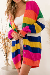 Multicolor Striped Print Button Front Knitted Long Cardigan