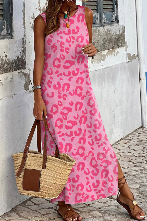 Rosy Casual Leopard Print Side Slits Sleeveless Dress