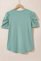 Green Solid Puff Sleeve Casual V Neck T-Shirt