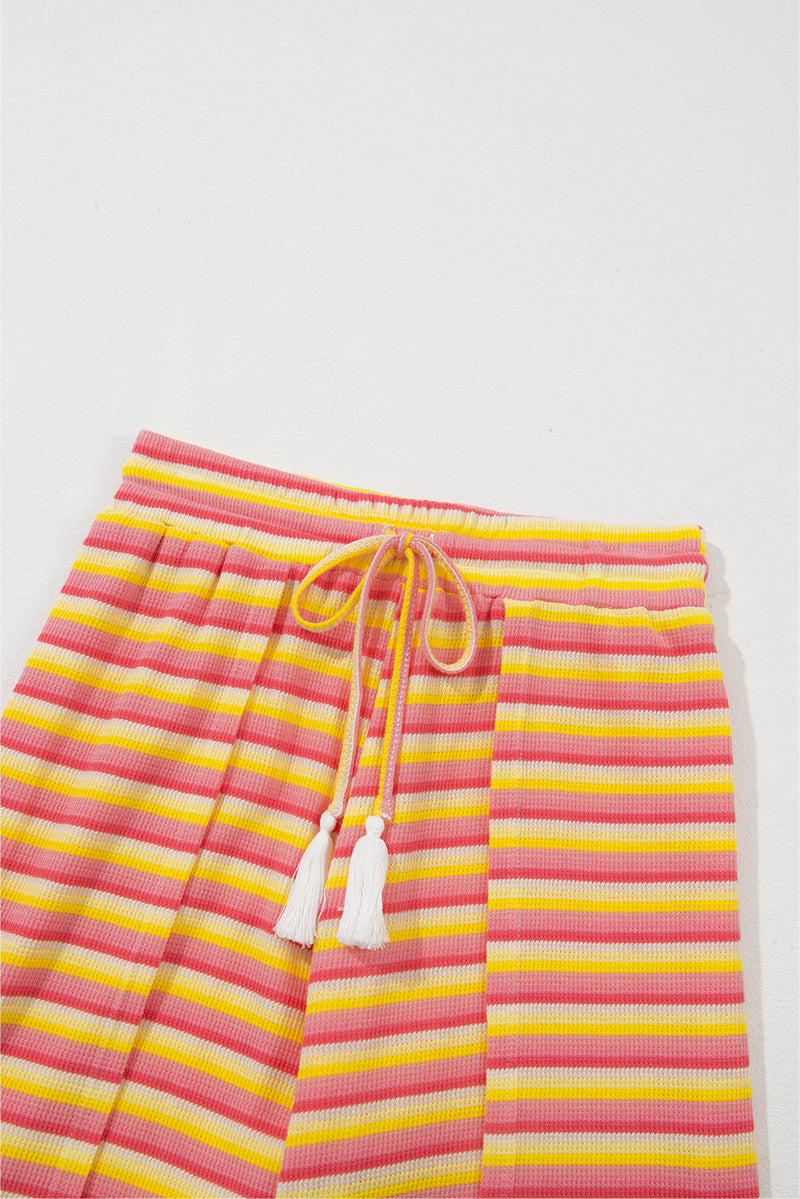 Yellow Stripe Rainbow Tee and Tassel Drawstring Wide Leg Pants Set