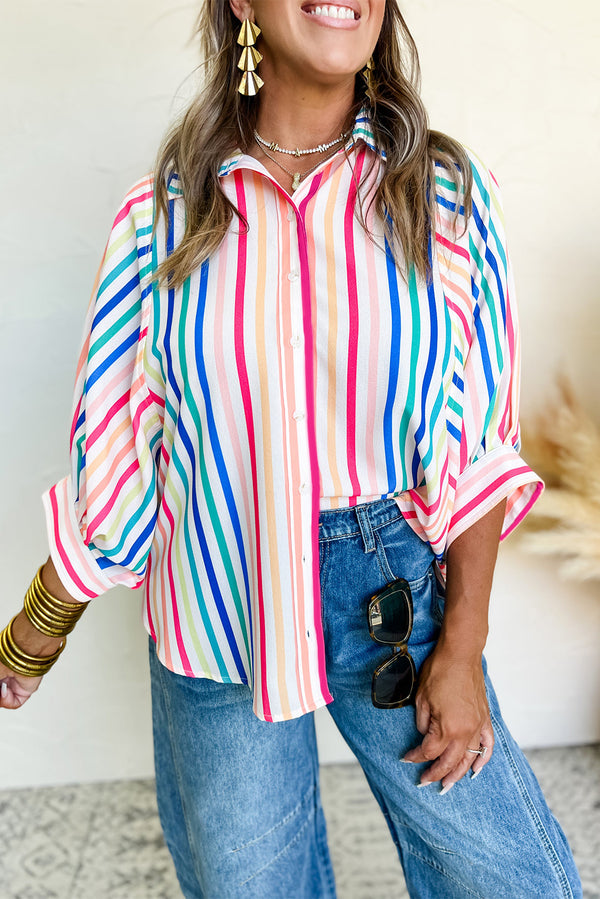 Pink Striped 3/4 Sleeve Button Up Shirt