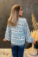 Sky Blue Geometric Print Shirred Cuffs V Neck Blouse