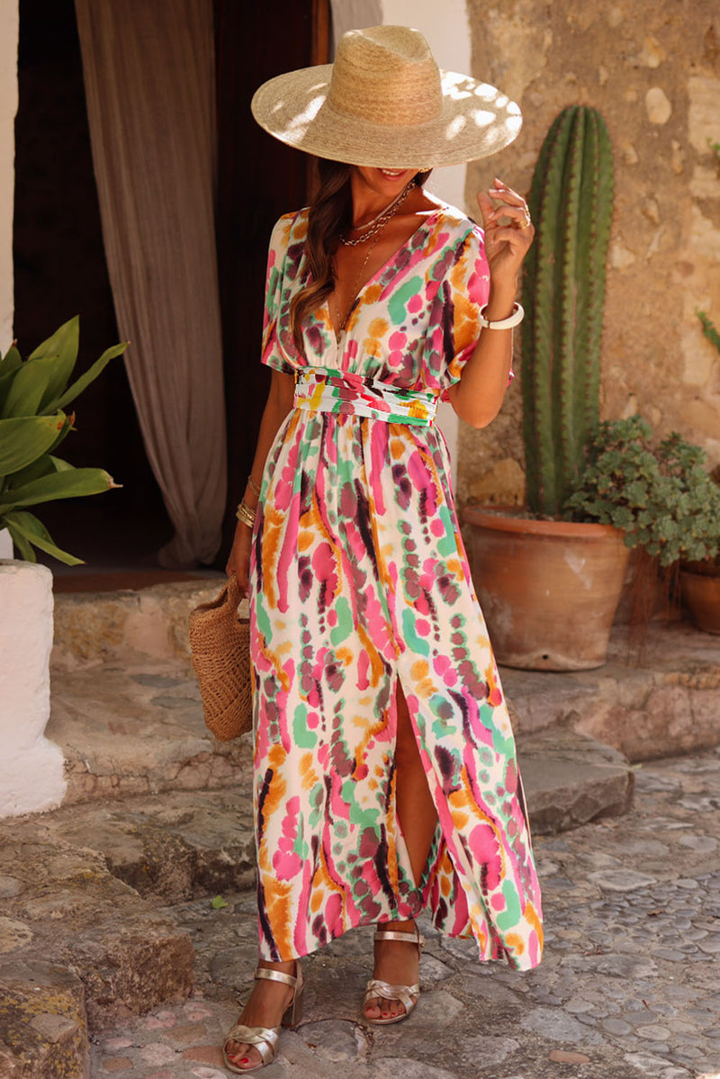 Pink Boho Tie Dye Print V Neck Side Split Maxi Dress