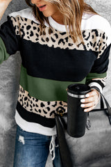 Green Leopard Color Block Casual Knit Pullover Sweater