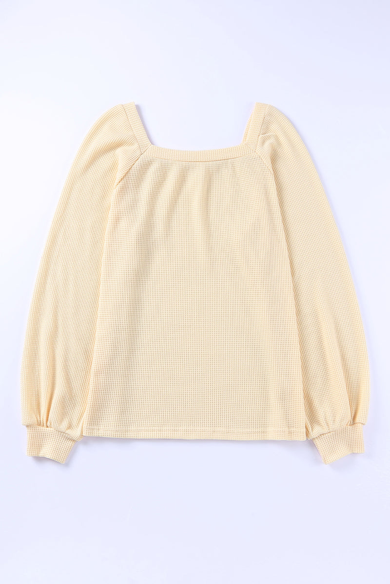 Brown Waffle Texture Casual Square Neck Pullover Top