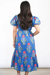 Sky Blue Floral Ruffle Hem Long Dress