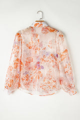 White Floral Print Buttoned Balloon Sleeve Loose Shirt