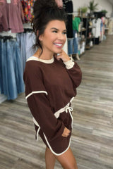 Coffee Contrast Trim Loose Sweatshirt and Drawstring Half Skirt Shorts sets