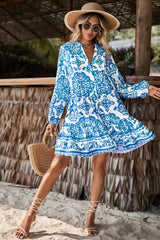 Sky Blue Ethnic Print Button Up Notch Neck Loose Mini Dress