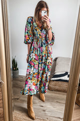 Green Boho Floral Puff Sleeve V Neck Tassel Drawstring Midi Dress